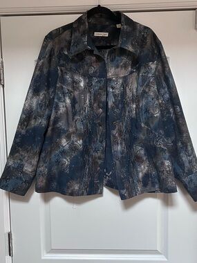 Coldwater Creek 20W Blue Metallic Abstract Pleated Beaded Snap Front Jean Jacket